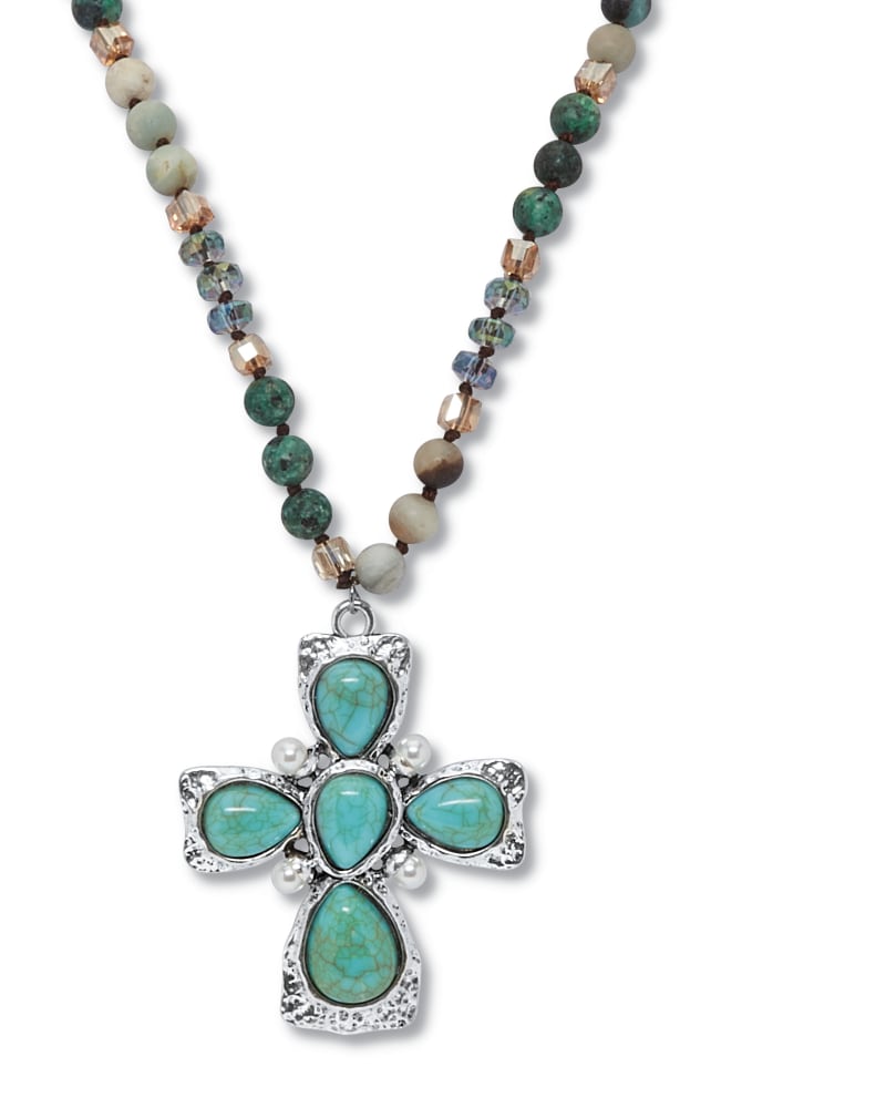 Front of a size 32 in Genuine Jasper, Amazonite and Freshwater Pearl Silvertone Cross Necklace 32 Inch in Turquoise/Aqua by PalmBeach Jewelry. | dia_product_style_image_id:333008
